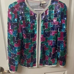 Vintage 1980s Stenay Full Sequined Geometric Colorful Patterned Jacket 100% Silk